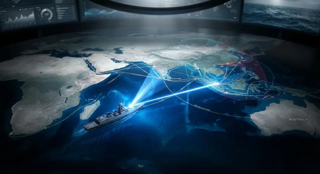 Indian Navy destroyer projecting laser beam